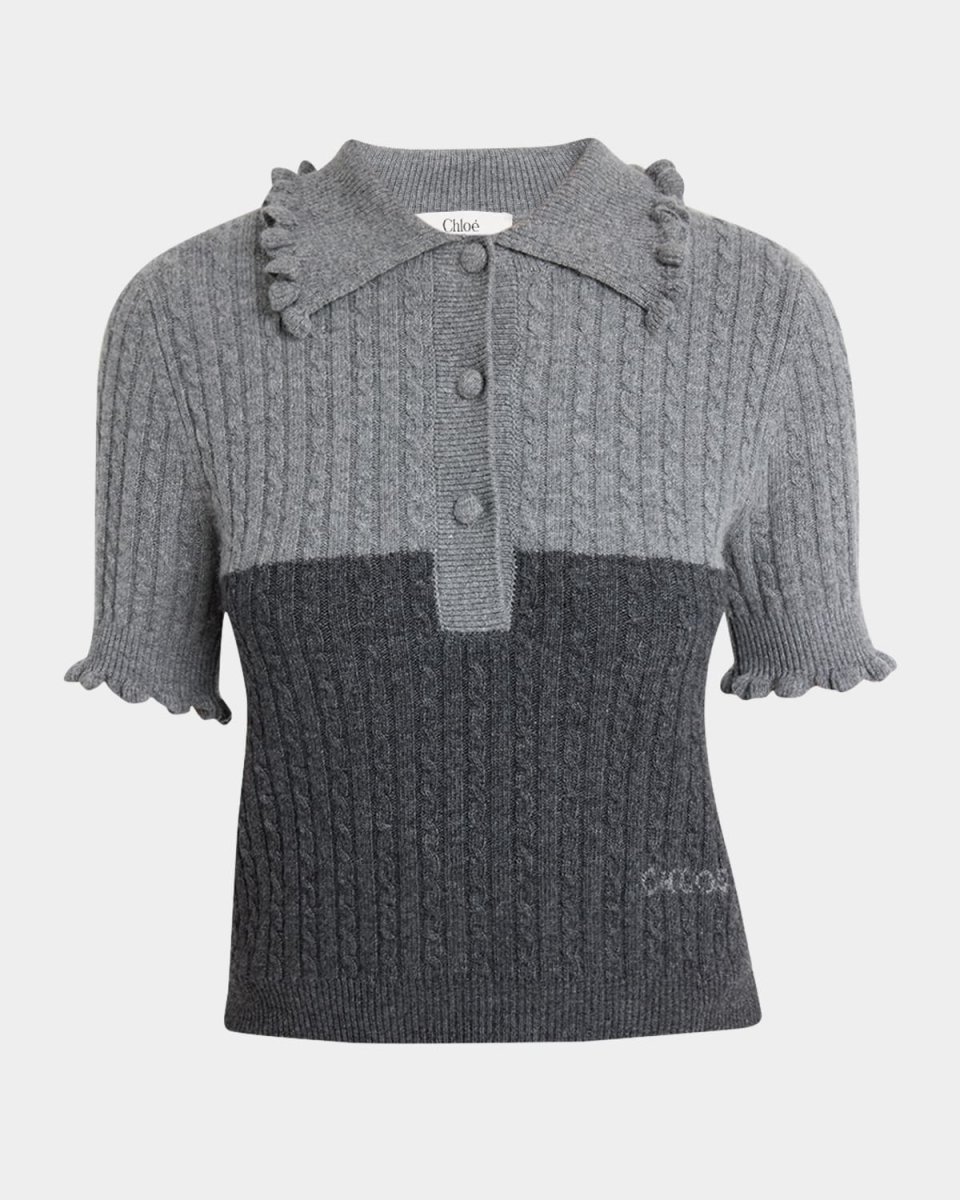 Bicolor Ruffle-Trim Short-Sleeve Polo Sweater